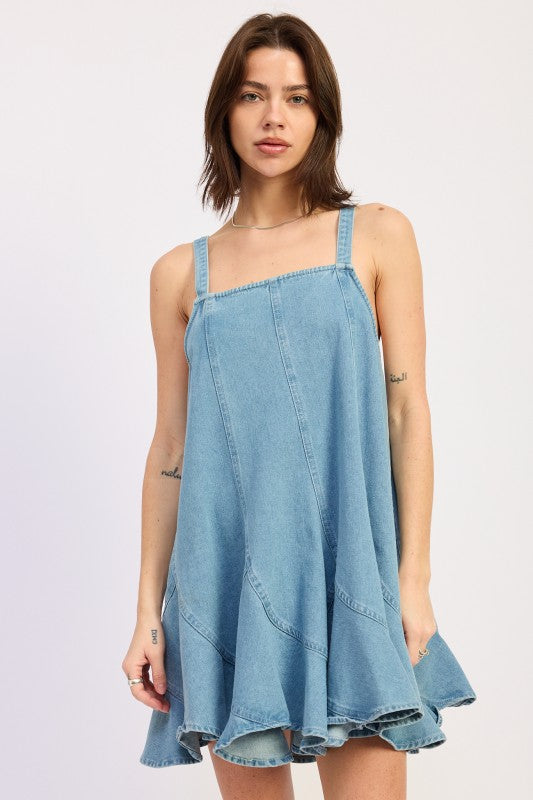 PANELED DENIM OVERALL DRESS