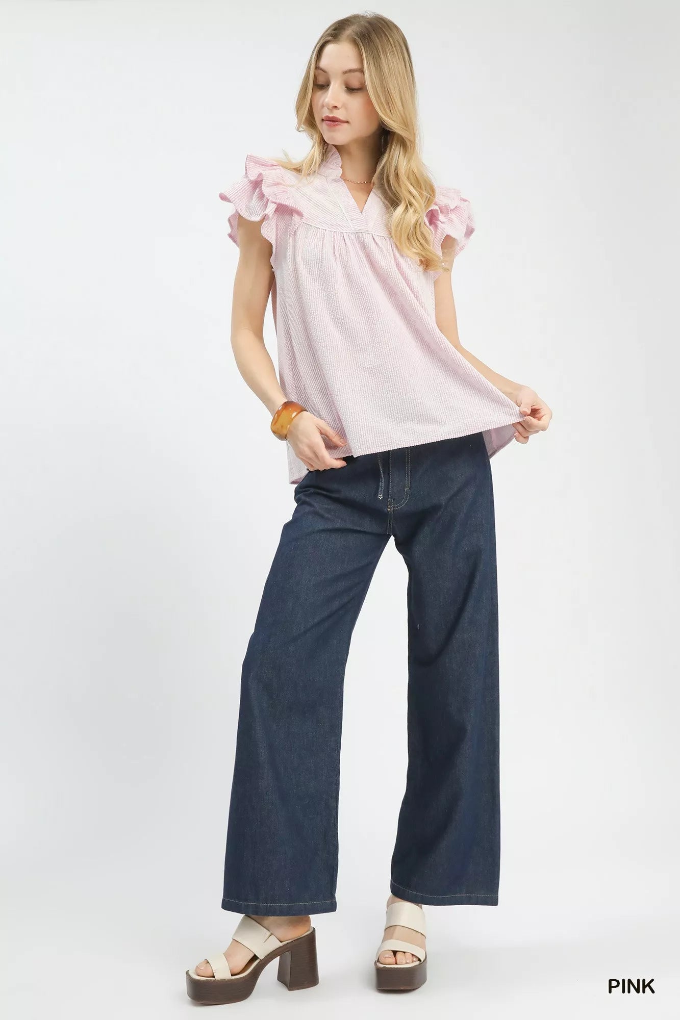 Umgee Ruffled Sleeve Textured Blouse in Pink