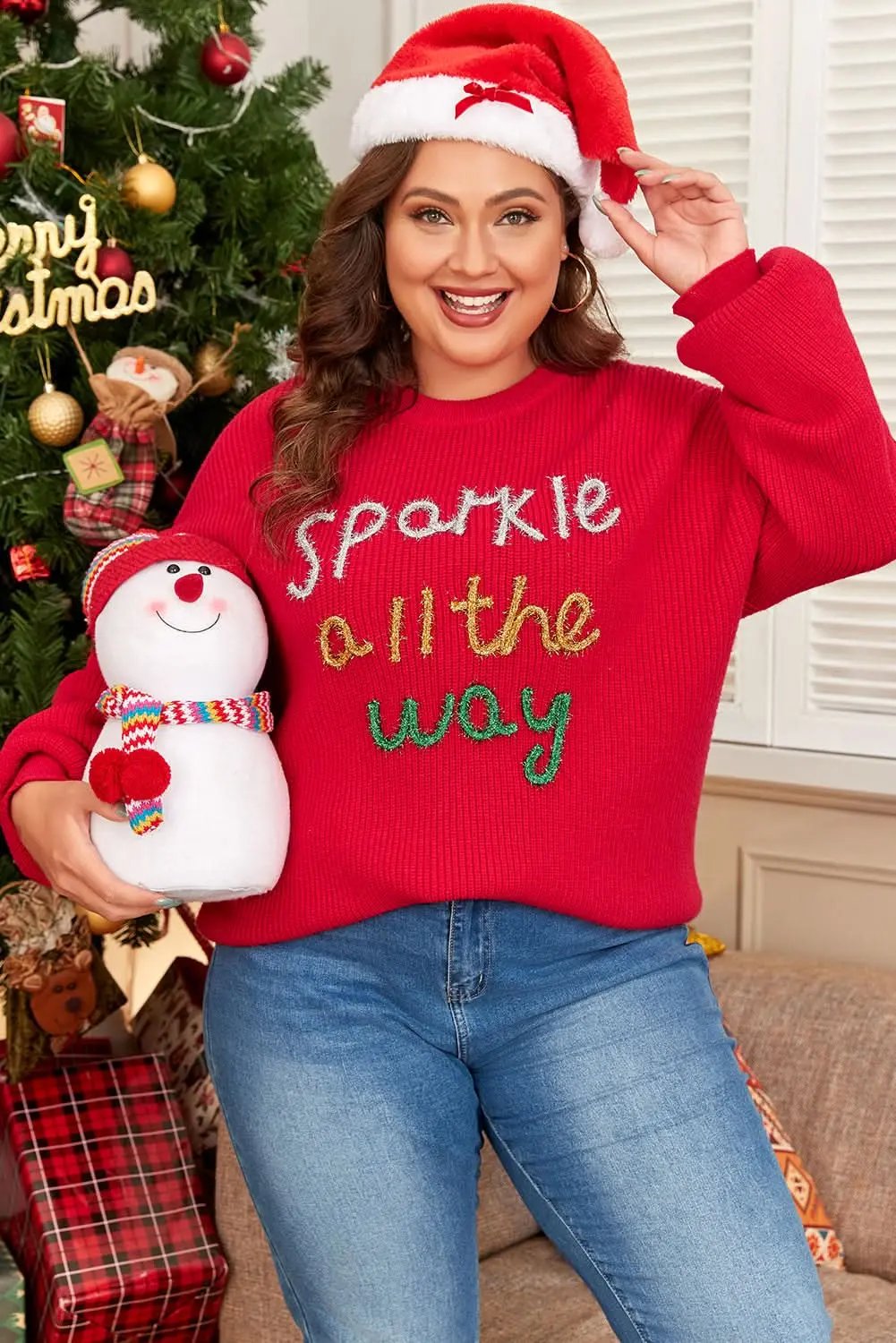 Women's Plus Size Tinsel Sweater - Racing Red Holiday Festive
