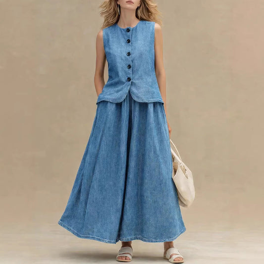 Women's Crew Neck Denim Vest Top & High-Waist A-Line Skirt Set – 3 Colors S–XXL