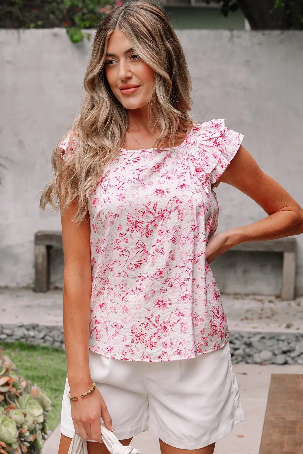 Love Salve Pink Floral Blouse Daily/Vacation Women's Top Ruffle Sleeve Bow Back
