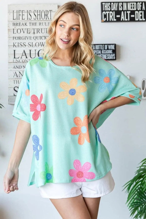 Trendsi Floral Waffle Tee Women's Everyday Oversized T-Shirt Soft & Comfy