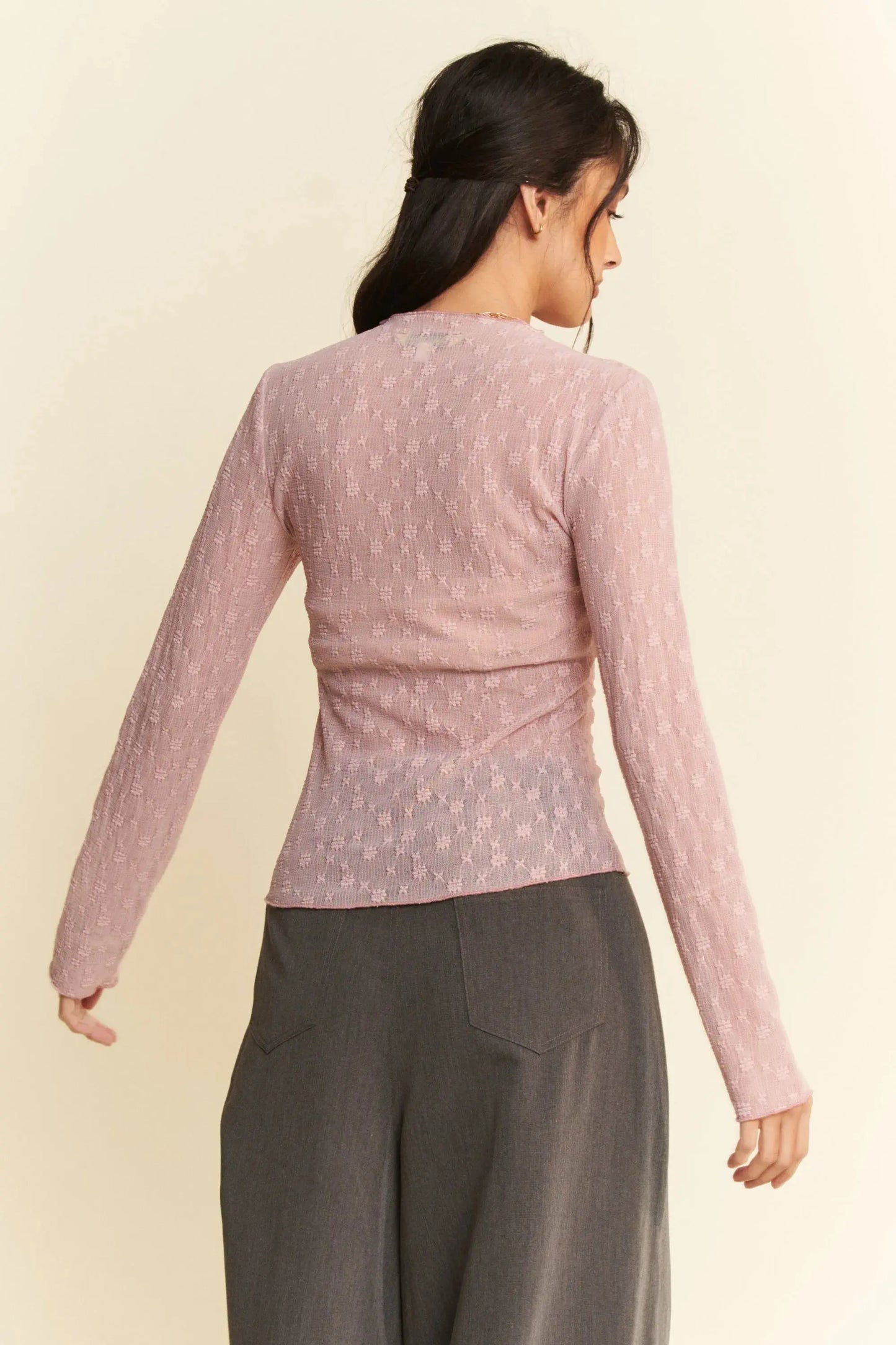 Sheer Lace Top - Embroidered Bows - Women's Long Sleeve