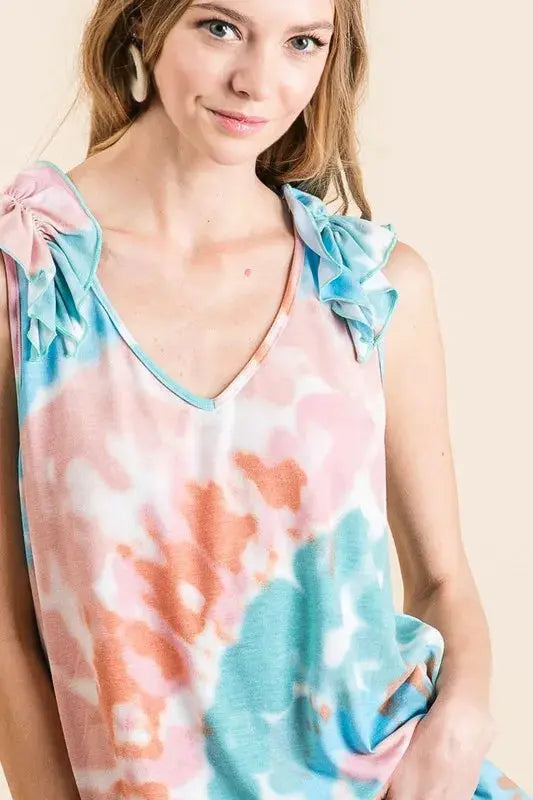 Women's Tank Top - Tie Dye Knit V-Neck Ruffle - Casual