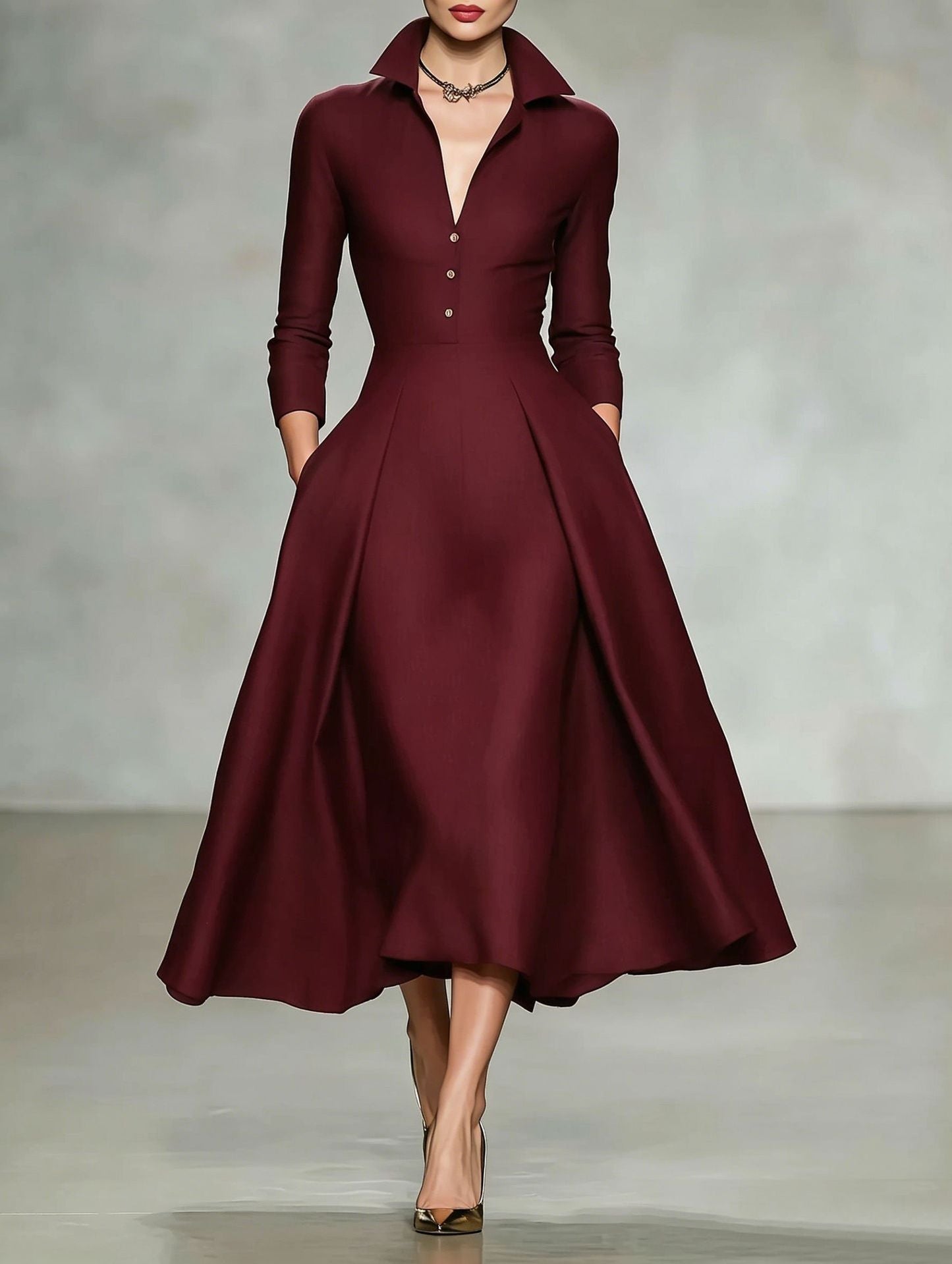V-Neck Waist-Cinching Long Sleeve Midi Dress