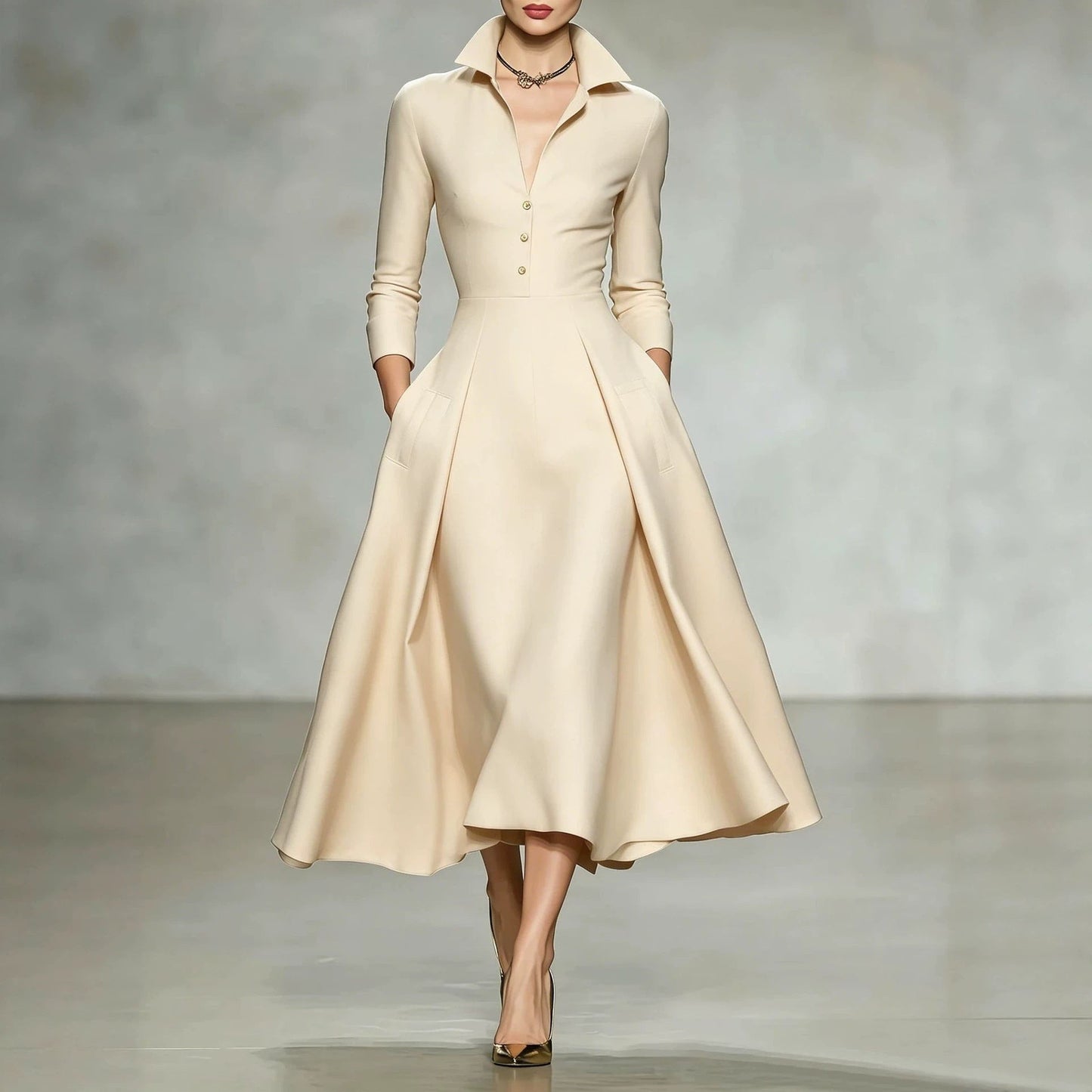 V-Neck Waist-Cinching Long Sleeve Midi Dress