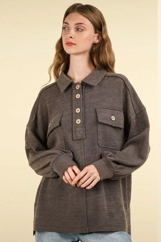 Trendsi Knit Top Women's Casual Collared Shirt with Pockets Soft Knit