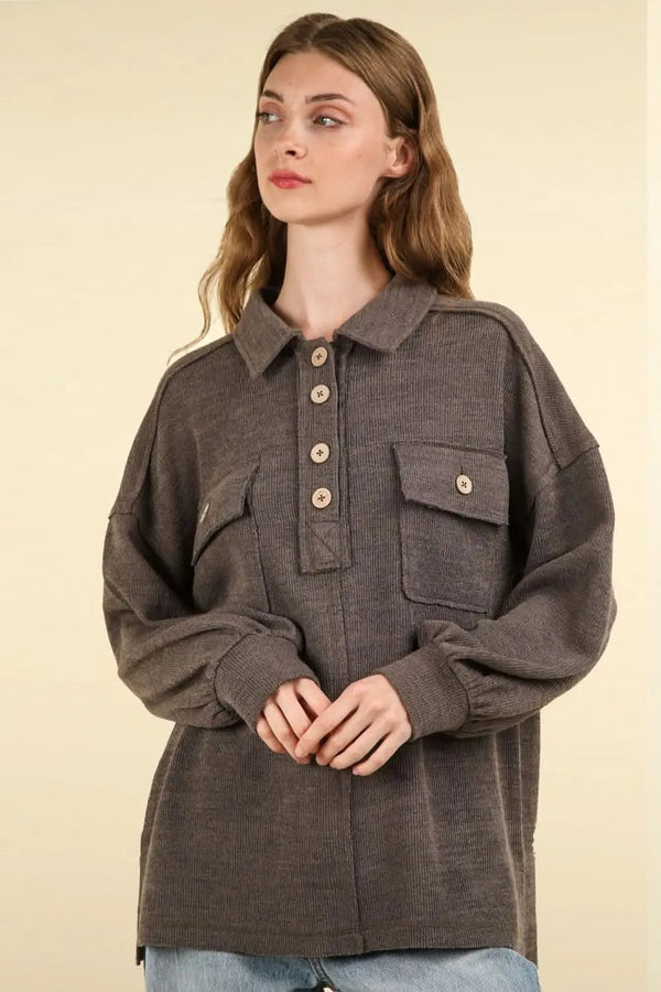 Trendsi Knit Top Women's Casual Collared Shirt with Pockets Soft Knit
