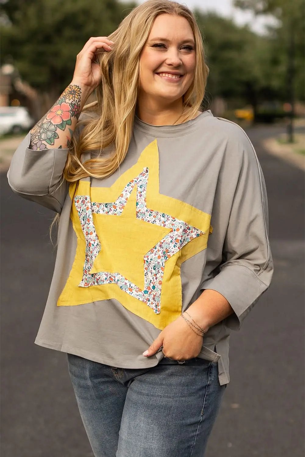 Love Salve Grey Floral Star Plus Size Women's Top: Western Style, Fall Fashion