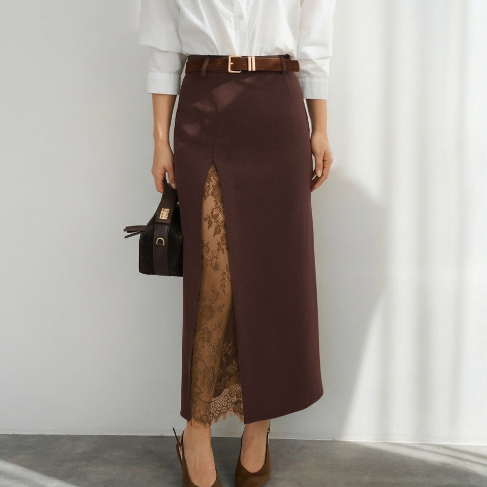 Side Slit Lace Patchwork Maxi Skirt