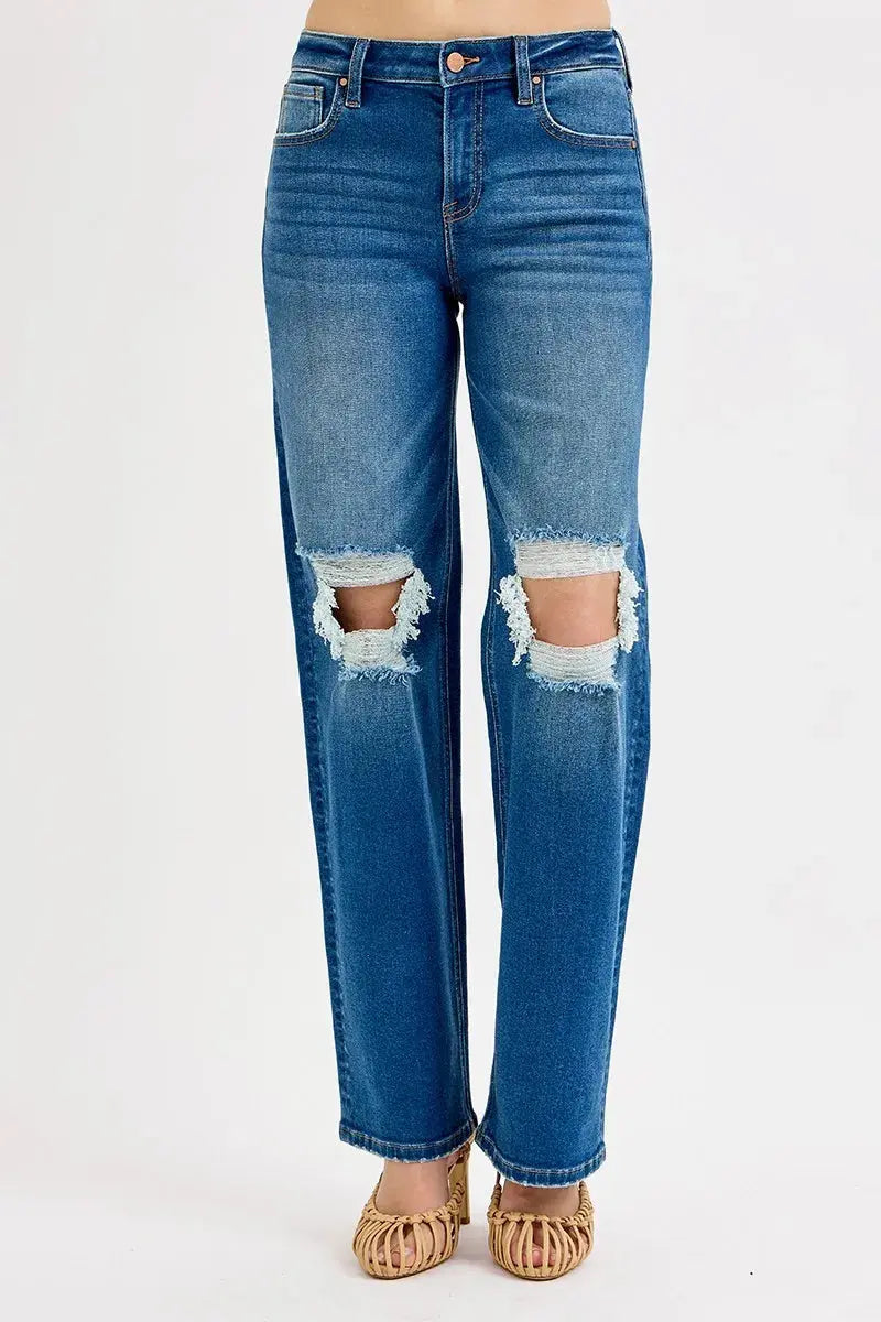 Boyfriend Jeans - Mid Waist Distressed - Women's Plus Size