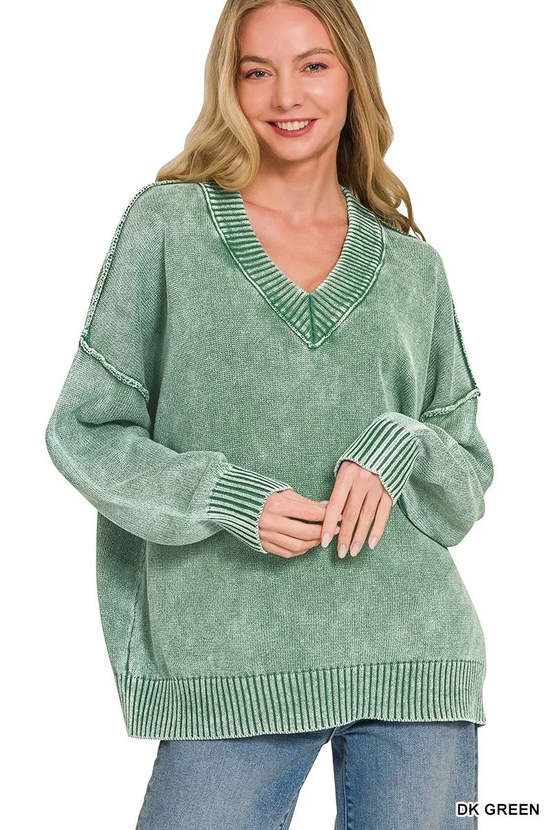 Zenana Washed Deep V-neck Oversized Sweater