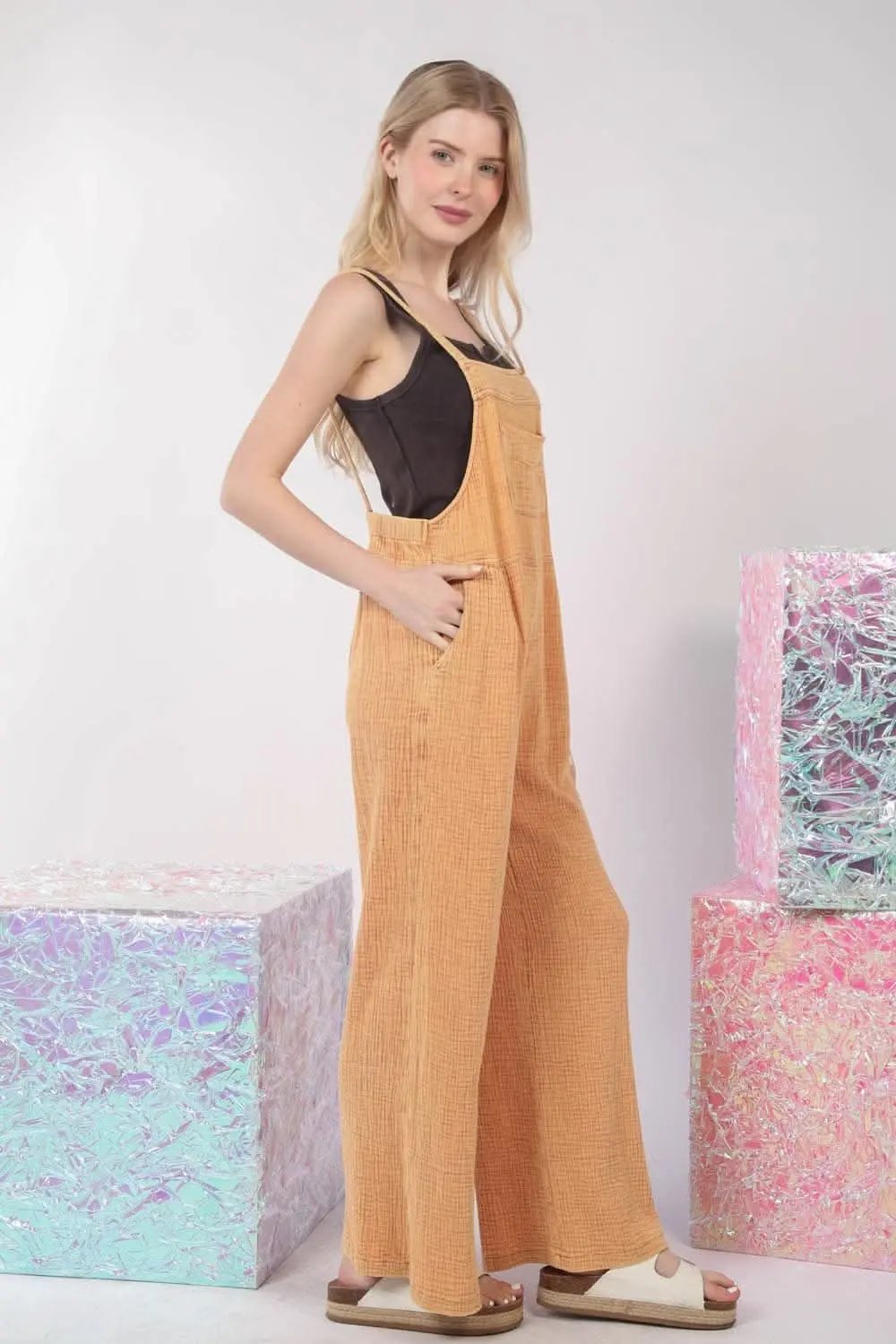 Trendsi VERY J Texture Washed Wide Leg Overalls