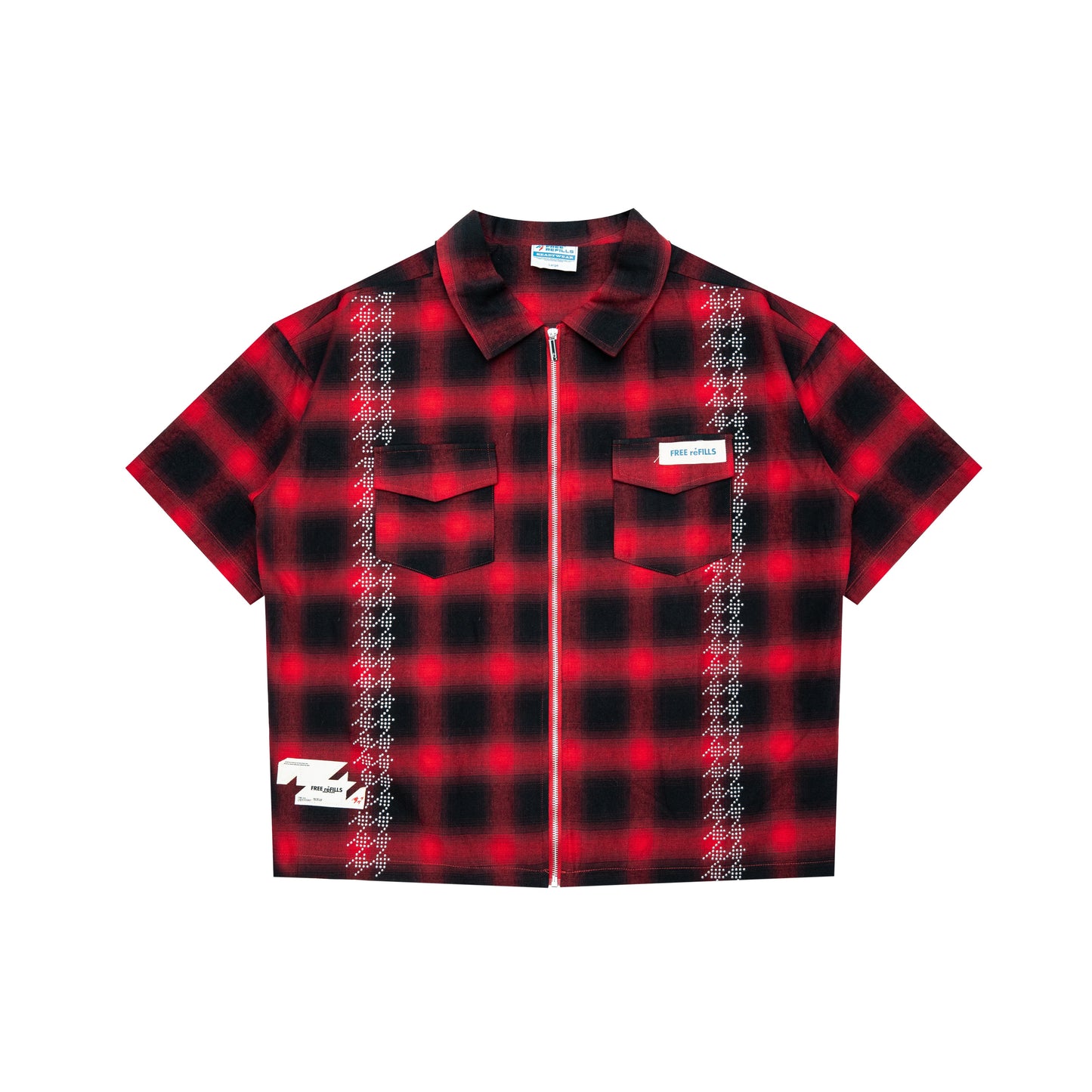 FR Studded Shadow Plaid Zip Shirt - Red