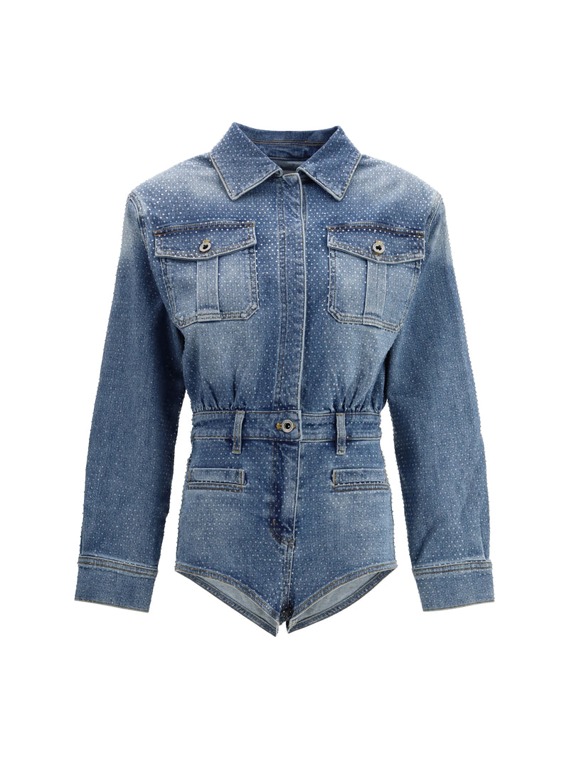Self-Portrait Playsuit Rhinestone Denim Blue