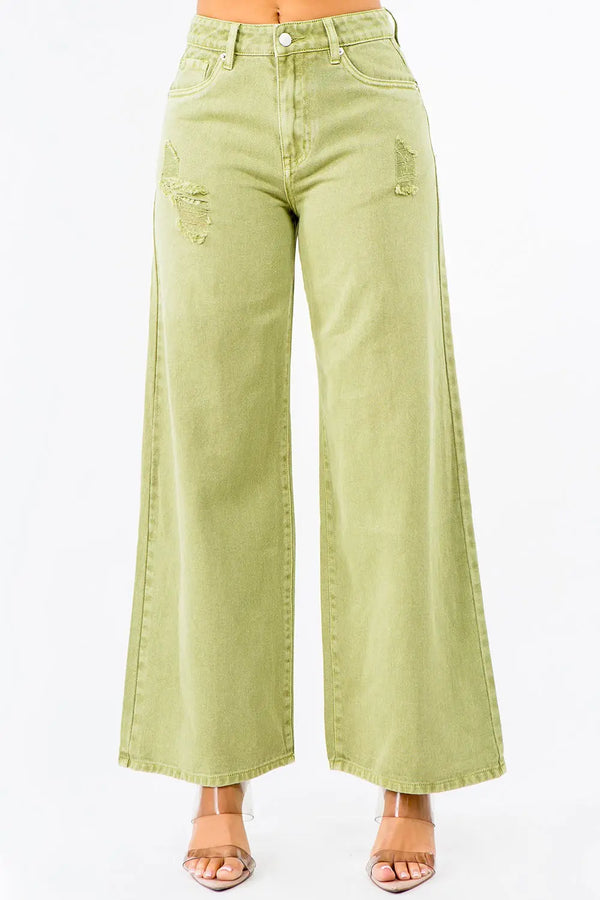 Jeans - High Waist Distressed - Wide Leg