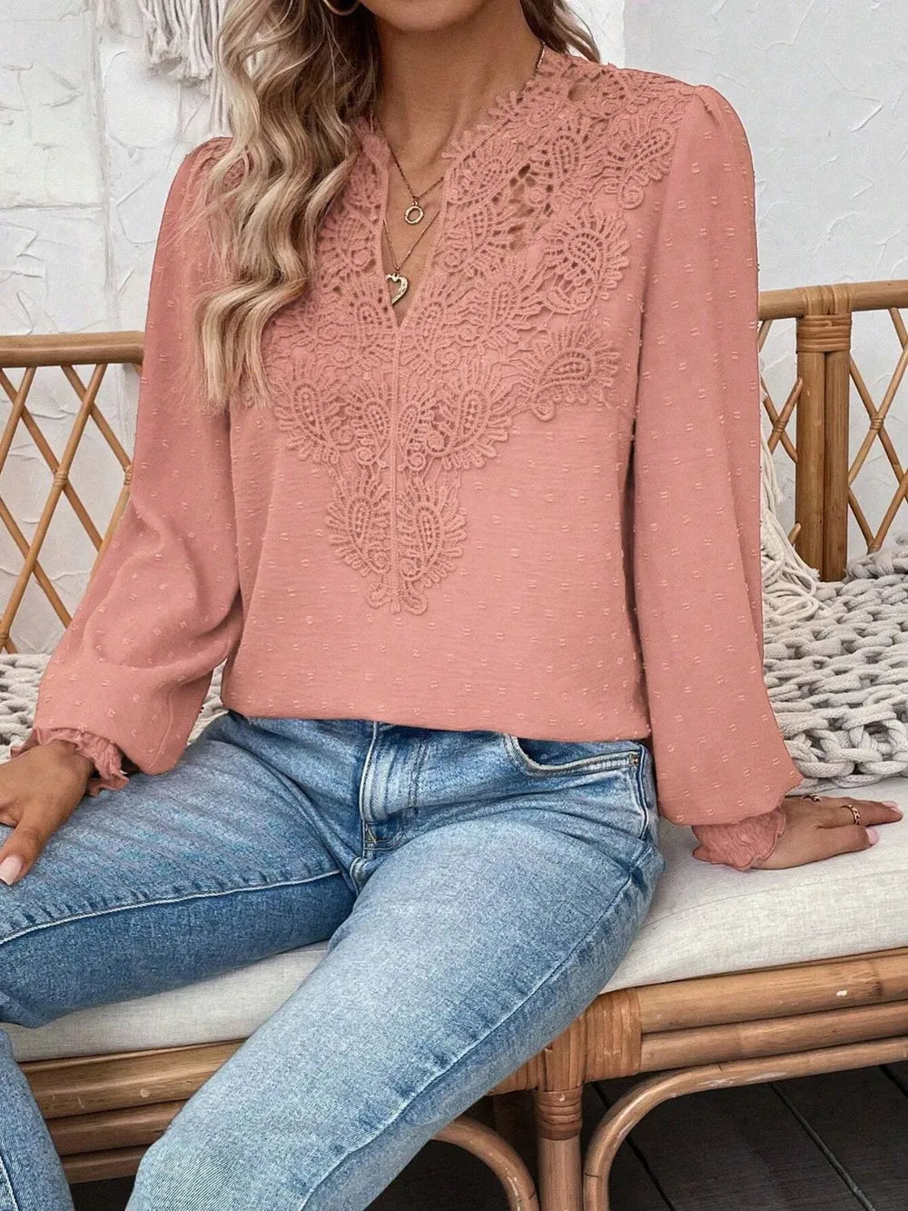 Swiss Dot Lace Detail Notched Long Sleeve Blouse – Feminine Style