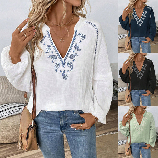 Embroidered Ethnic Style Puff Sleeve Cotton Top – V-Neck