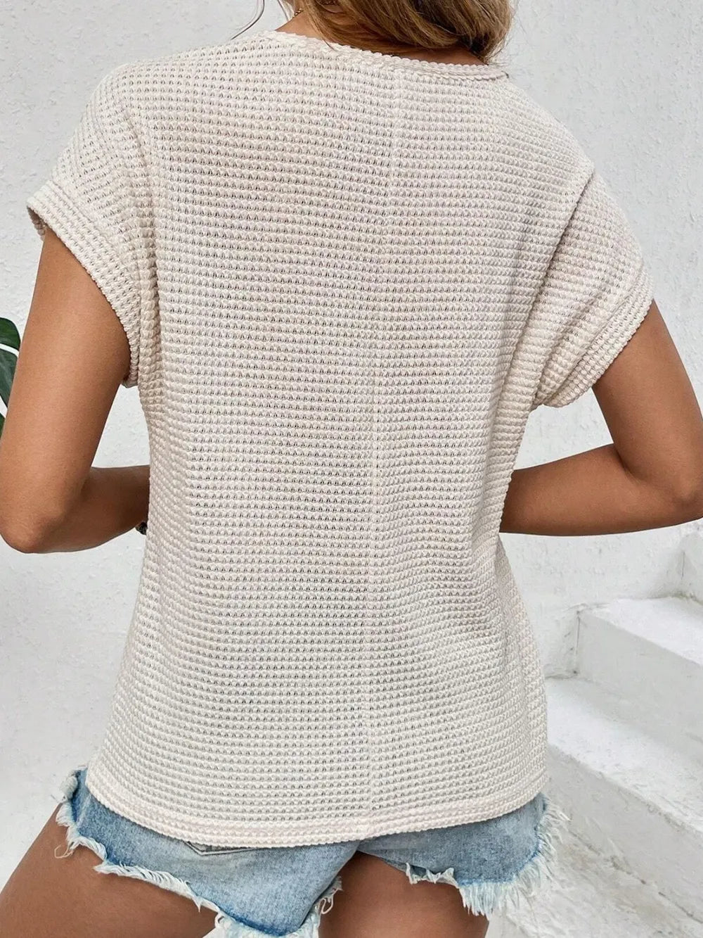 Waffle-Knit Round Neck Short Sleeve Top – Lace Detail