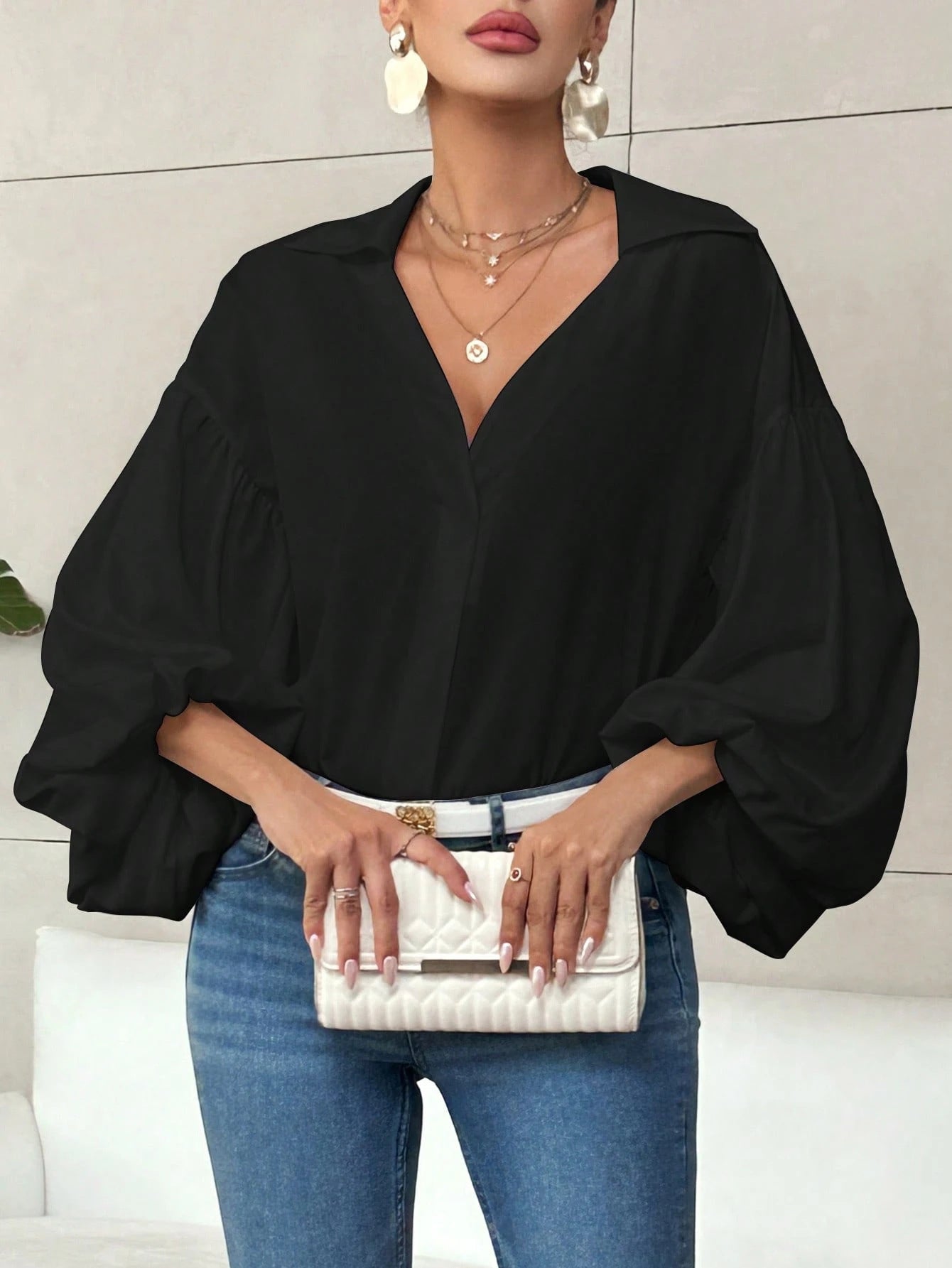 Polka Dot Loose Bubble Sleeve Top – Half-Open Neck Long Sleeve