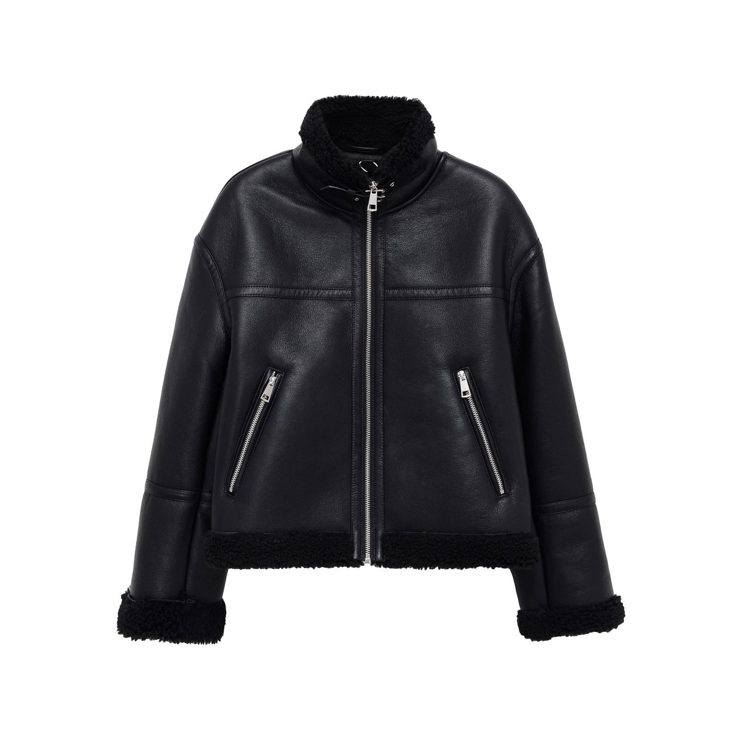 Women's Jacket Black Faux Leather Shearling BYMANYC ® New York SOHO BLACK AVIATOR BIKER - New Collection