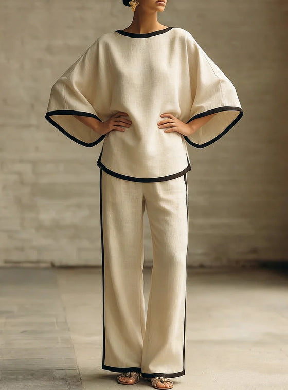 Loose Bat Sleeve Two-Piece Set – Round Neck Top & Wide Leg Pants