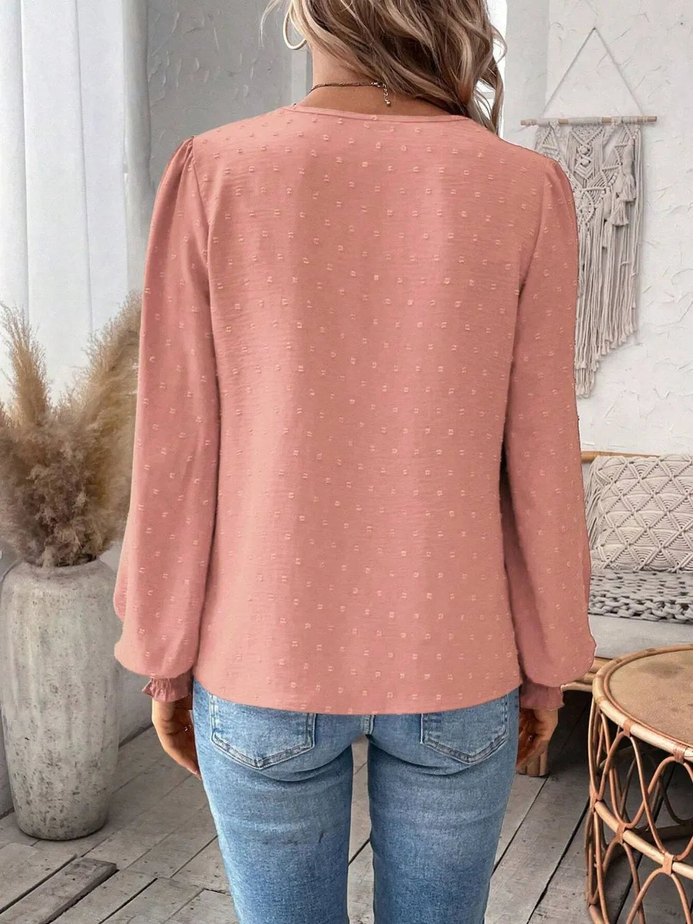 Swiss Dot Lace Detail Notched Long Sleeve Blouse – Feminine Style