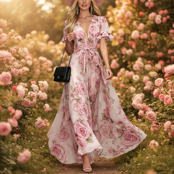 Women's Deep V-Neck Ruffle Sleeve Printed Maxi Dress – High Waist