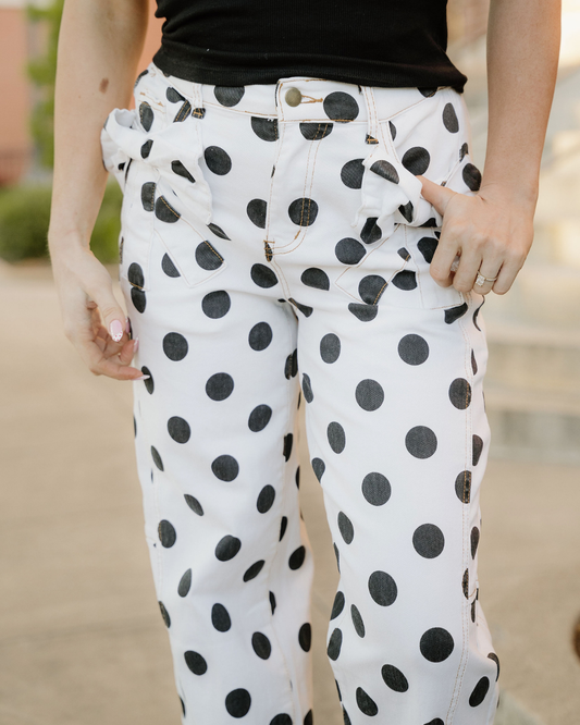 Polka Dot Bow Detail Pocketed Barrel Jeans