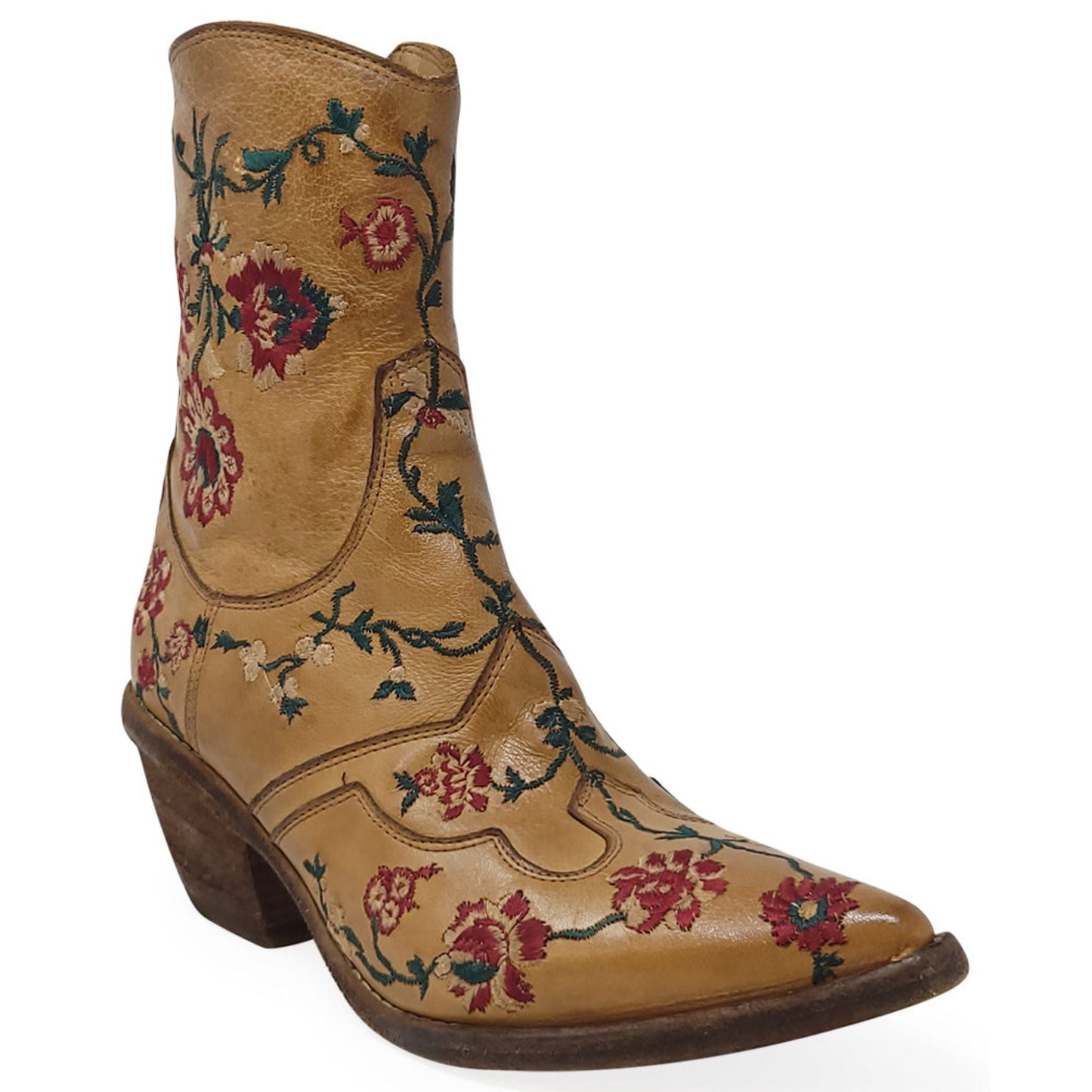 Tan Leather Embroidered Ankle Boot
