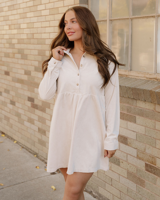 Abigail Corduroy Half Button Collared Long Sleeve Mini Dress