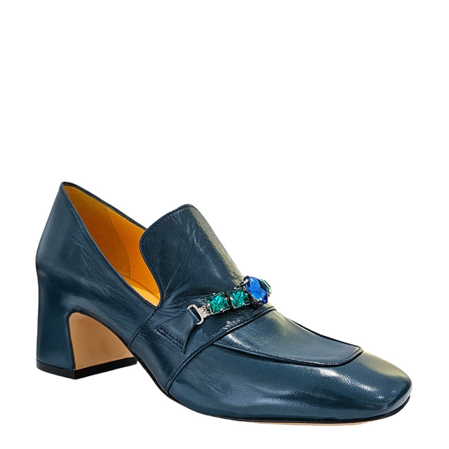 Navy Leather Mid Heel Jeweled Loafer