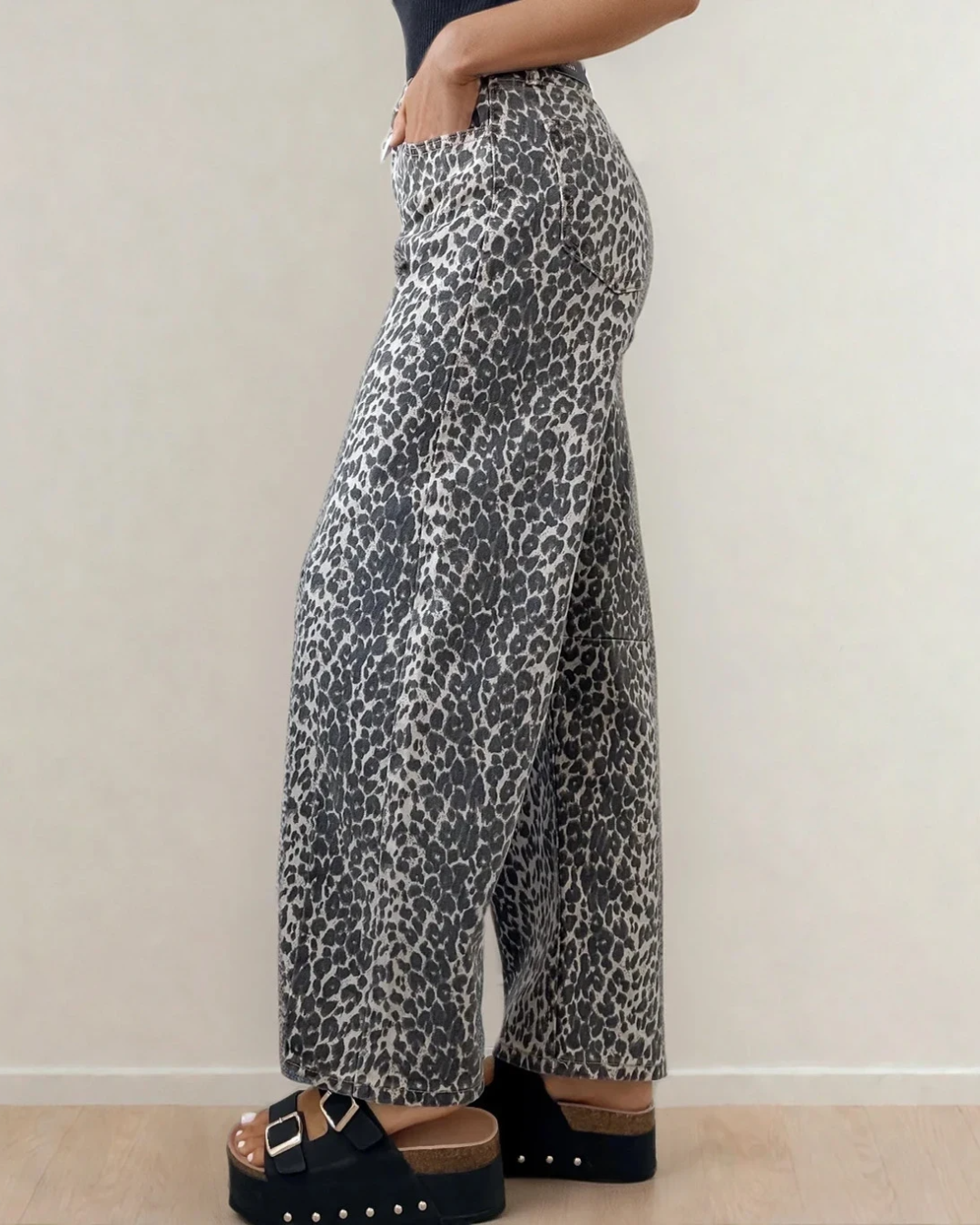 Naeve Leopard Print High Waist Barrel Jeans