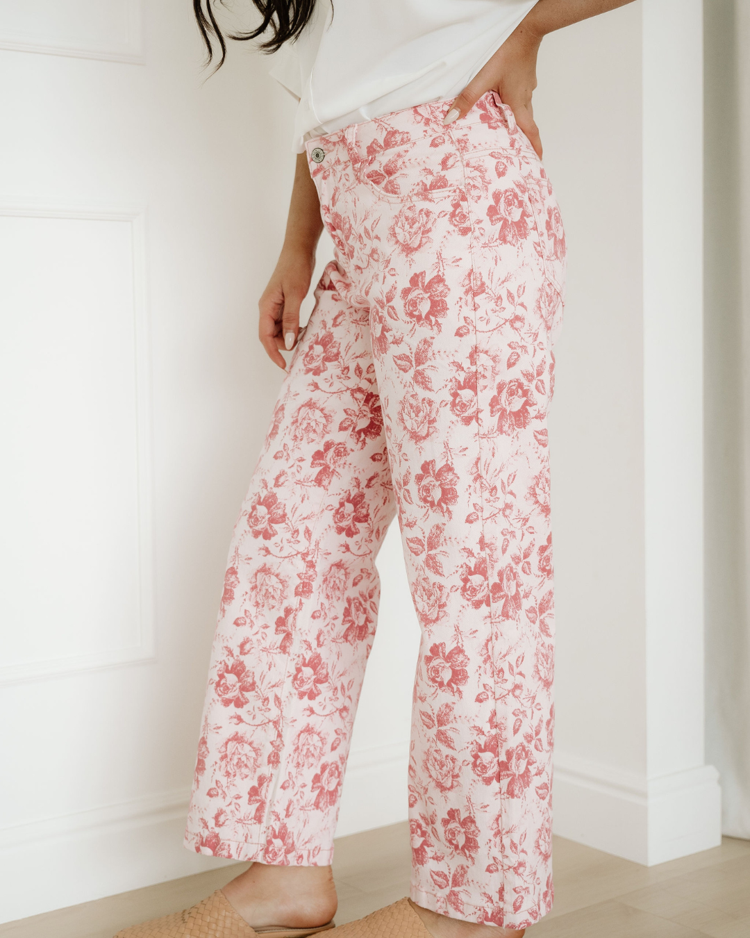 Pink Vintage Floral Print Denim Shift Pants