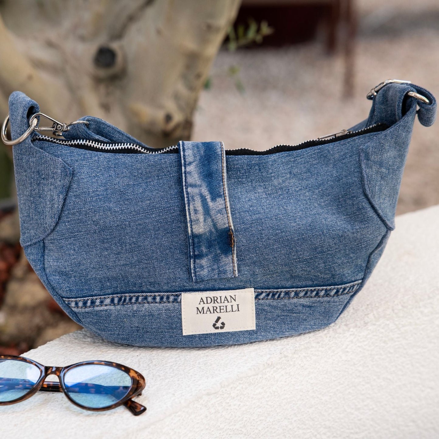Brooklyn Crescent / Upcycled Denim Crossbody Light Blue