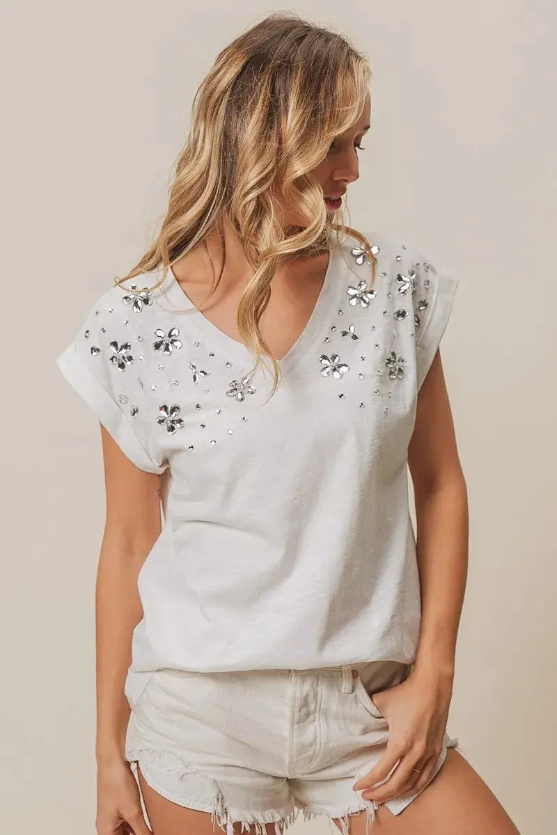 Women's Top - Slub Rhinestone V-Neck - Comfy Fit