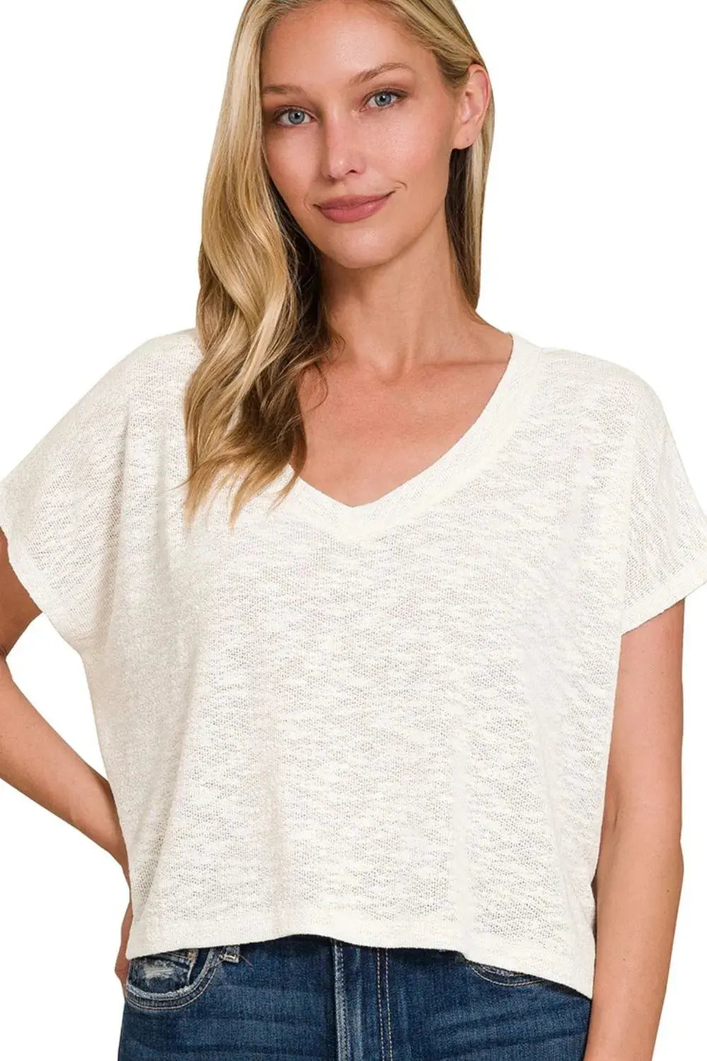 Women's V-Neck Top - Soft & Comfy Hacci - Casual Crop Tee