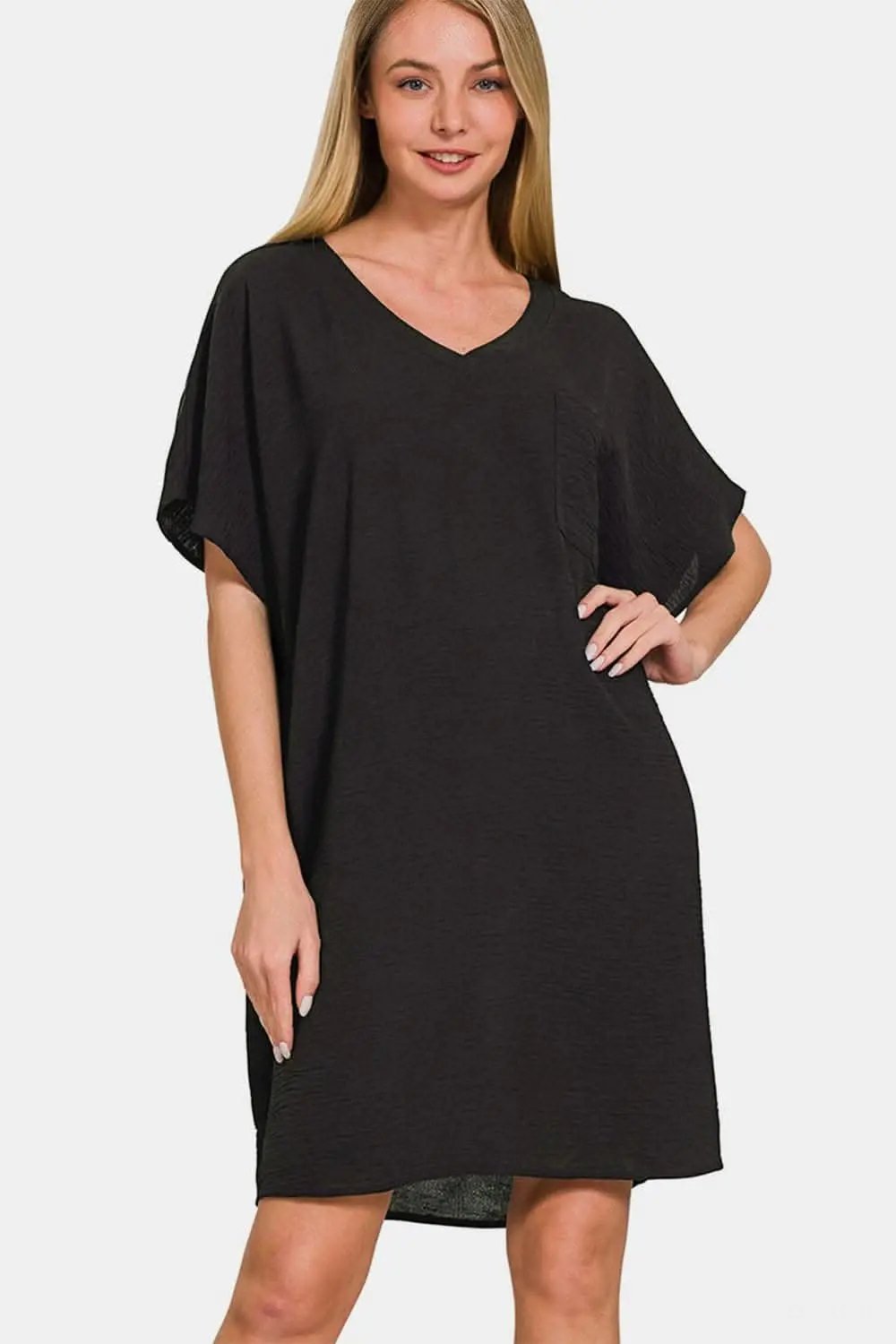 Trendsi Zenana V-Neck Tee Dress with Pockets for Effortles