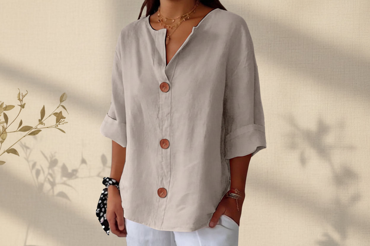 Women's V-Neck Cotton Linen Buttoned Blouse
