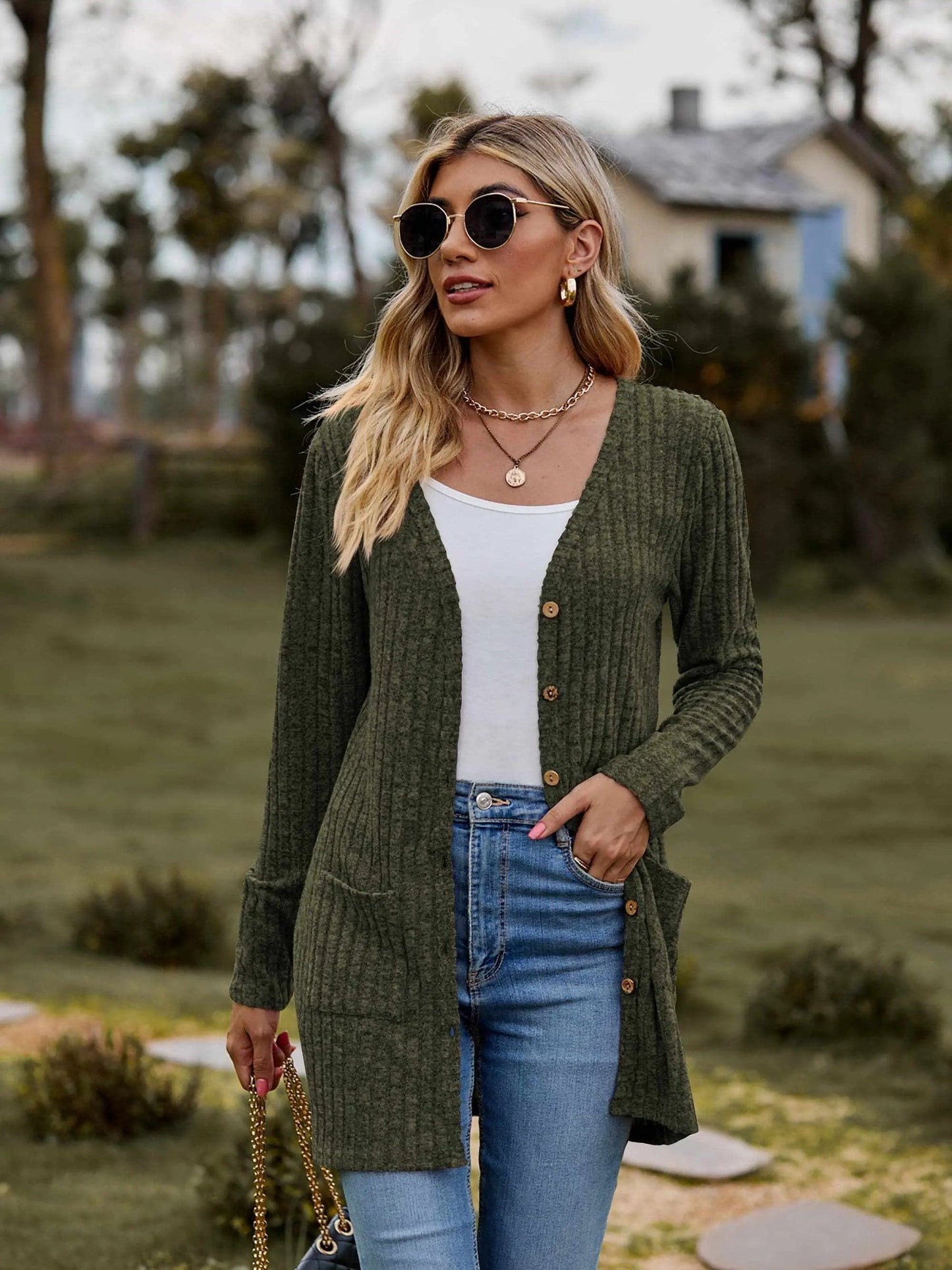 Trendsi Heathered ribbed cardigan with pockets