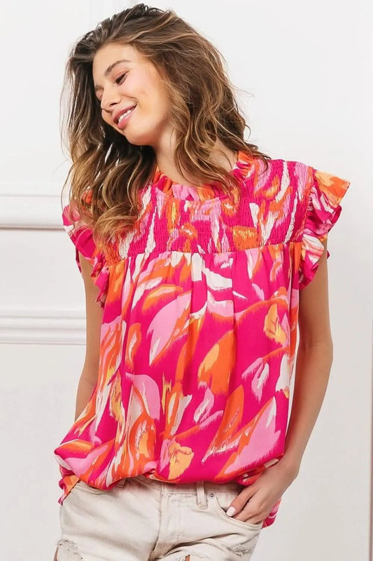 Trendsi BiBi floral ruffle top, smocked yoke