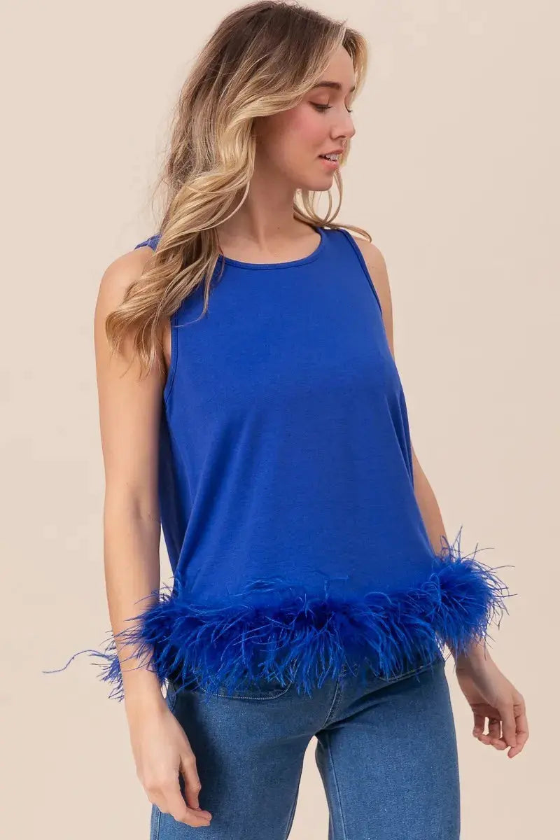 Tank Top - French Terry Feather Trim Tie-Back - Soft & Stylish