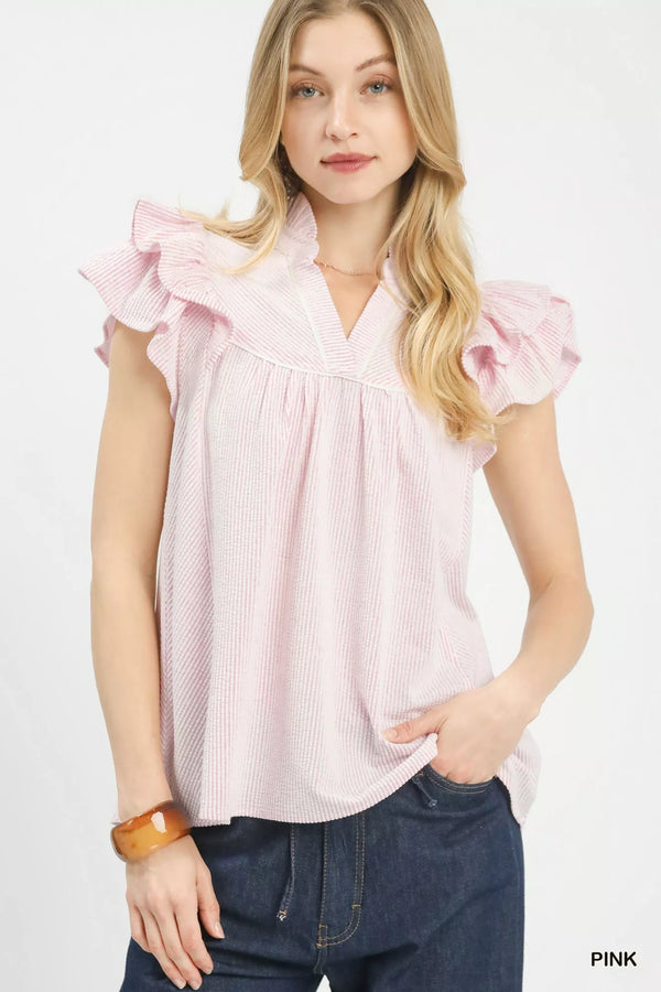 Umgee Ruffled Sleeve Textured Blouse in Pink