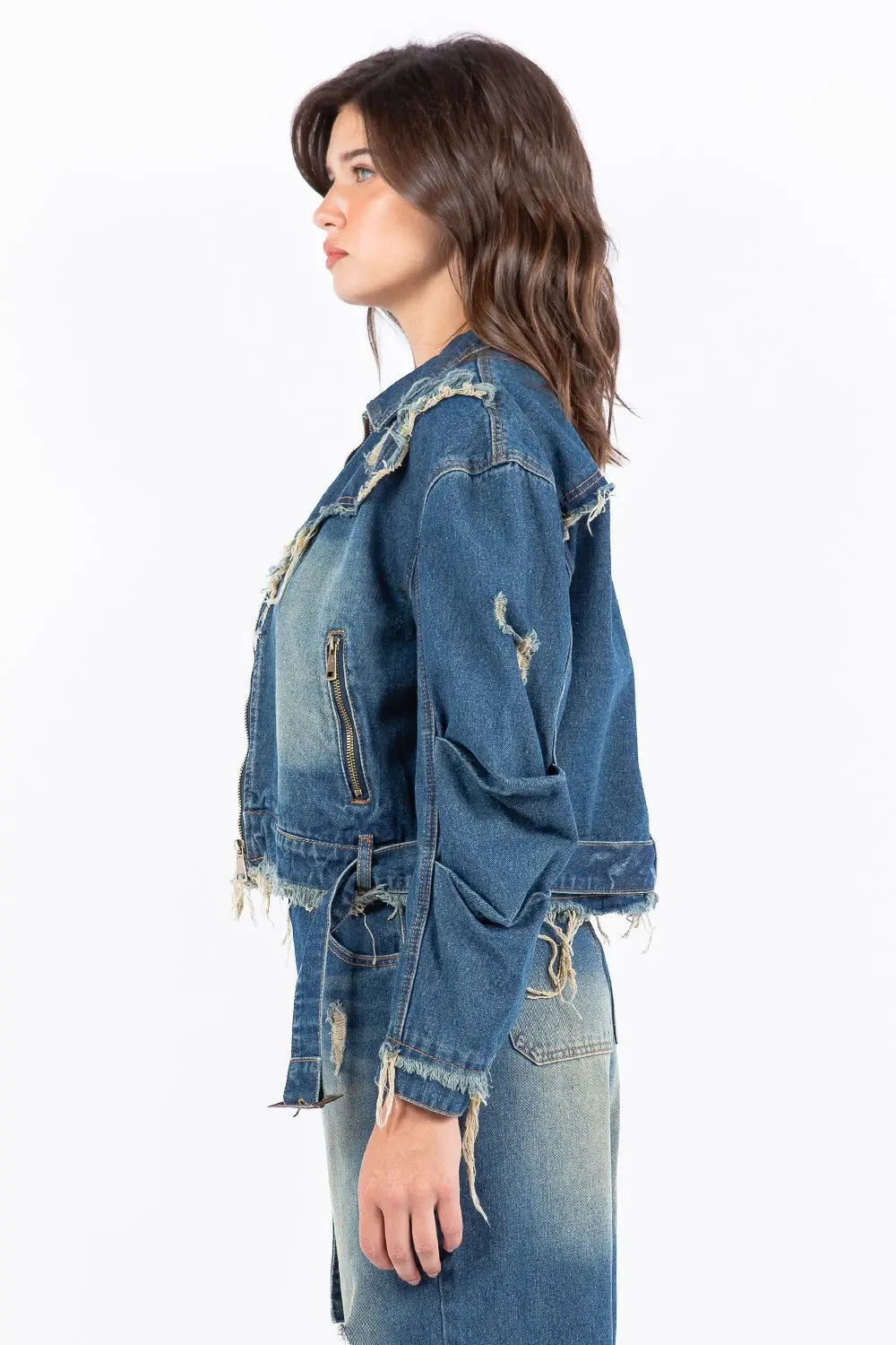 Denim Jacket - Distressed Frayed Edge Zip Up - Plus Size