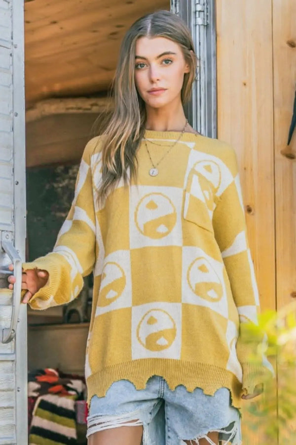 Trendsi Yin Yang Pullover Women's Cozy Knit Top - Checkerboard, Soft
