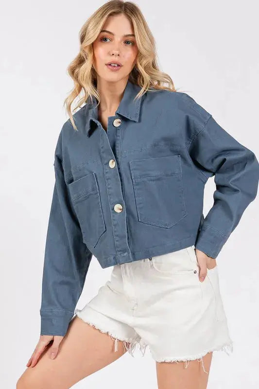 Denim Cropped Jacket - Button Down with Pockets - Casual Trendy