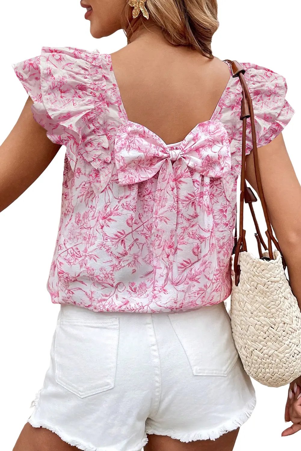 Love Salve Pink Floral Blouse Daily/Vacation Women's Top Ruffle Sleeve Bow Back