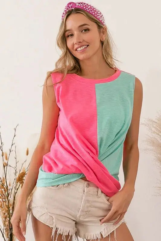 Women's Tank Top - Slub Terry Color Block Twisted - Casual
