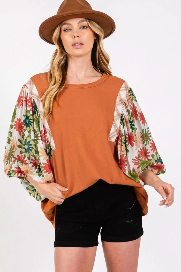 Trendsi SAGE+FIG Printed Top Women's Casual Balloon Sleeve T-Shirt Comfortable Fit