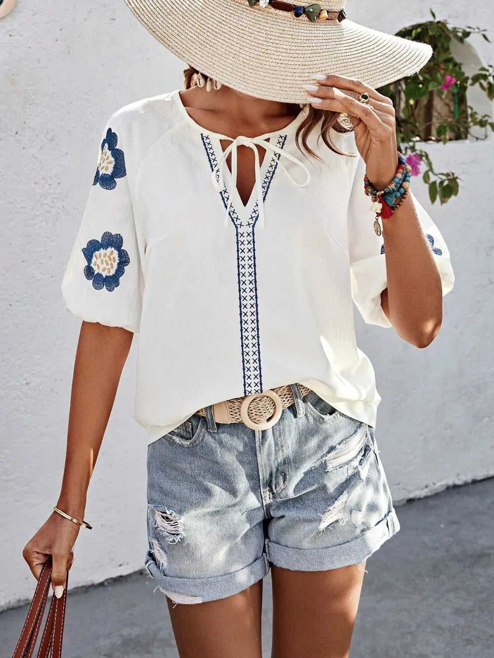 V-Neck Solid Color Loose Long Sleeve Top – Embroidered Tie Detail